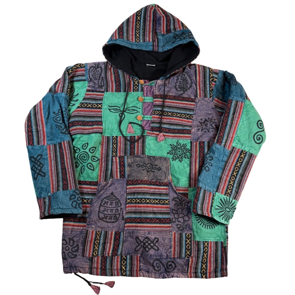 Choice Patchwork Hoodie Men S/M Multi Color Boho Fleece Lined Nepal Festival Y2K